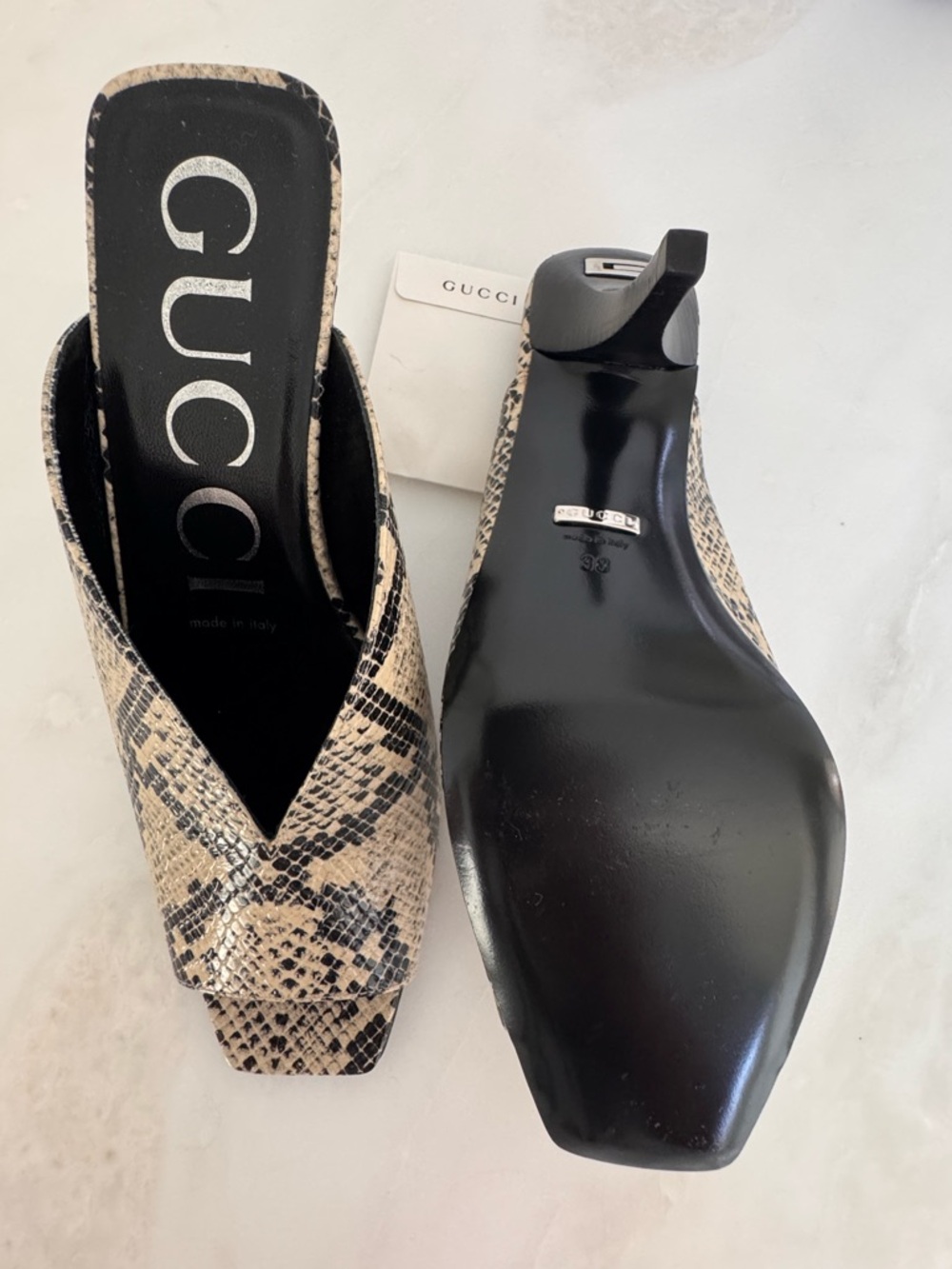 Gucci Beige and Black Snake-Print Square-Toe Mules - Picture 3 of 4